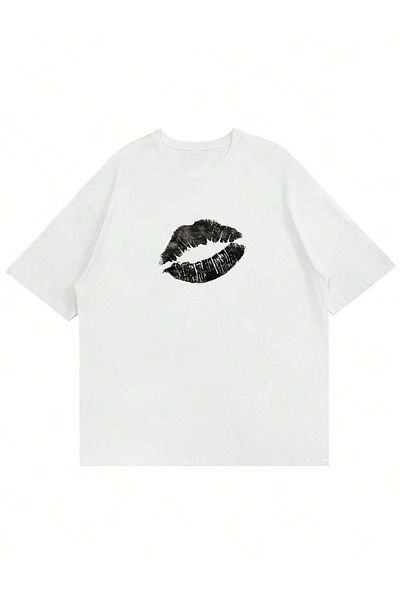 Mad&Calf Oversize γυναικείο μπλουζάκι - Lips printed, Crew Neck