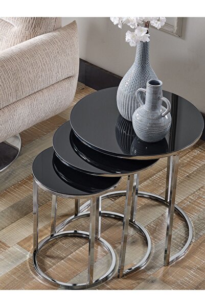 SEDAŞ LIVING UNITS 3' Lü SİYAH AYNALI Temperli (Kırılmaz) Cam Nikel (GÜMÜŞ) Metal Sehpa