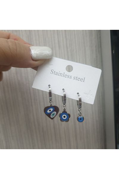 Pinkimaj Heart Steel Earring Set with Evil Eye Beads, Bringing Luck
