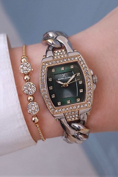Daniel Klein Green Stone Women's Wristwatch - Chain and Metallic Dial, Jewelled Bracelet Gift