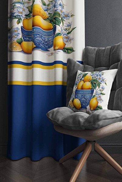 Else Halı Vintage Limonlar Desenli Baskılı Kırlent Kılıflı Salon Mutfak Fon P...