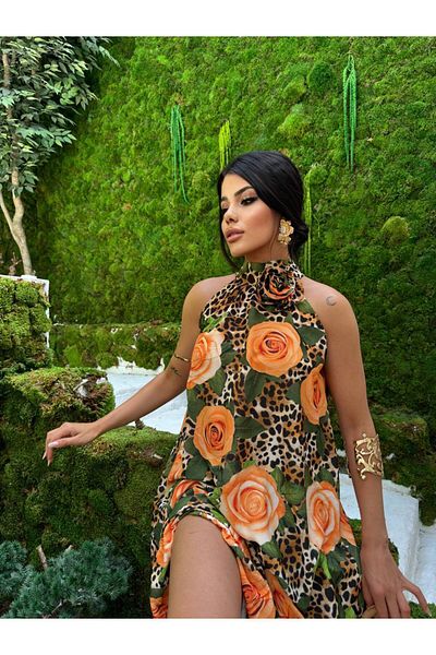1Moda1Tarz Πορτοκαλί εισαγόμενο αμμώδες ύφασμα - στάμπα λεοπάρ και τριαντάφυλλο, γυναικείο δαίμονα δεμένο στους ώμους