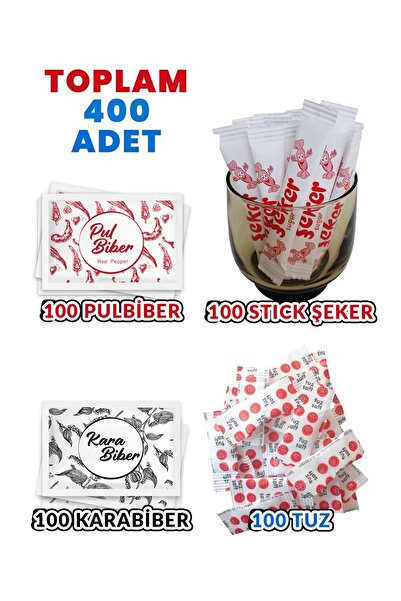 Balkan (Toplam 400 Adet) Tek kullanımlık Pulbiber 100 - Karabiber 100 - Stick Şeker 100 - Tuz 100 Adet