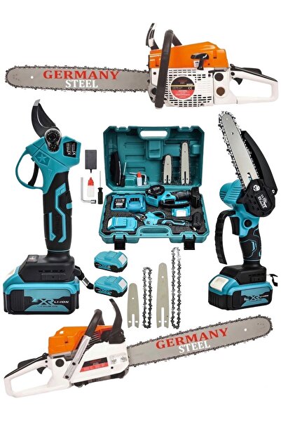 Germany Steel 3'lü Set 7.9 Hp Benzinli Odun Ağaç Kesme Hızar Motoru 128Vf Şar...