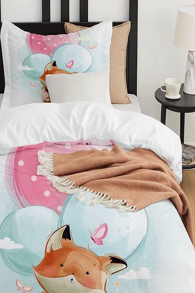 Else Dekor Single Children's Duvet Cover Set - Balloon and Fox Pattern, No Sheets