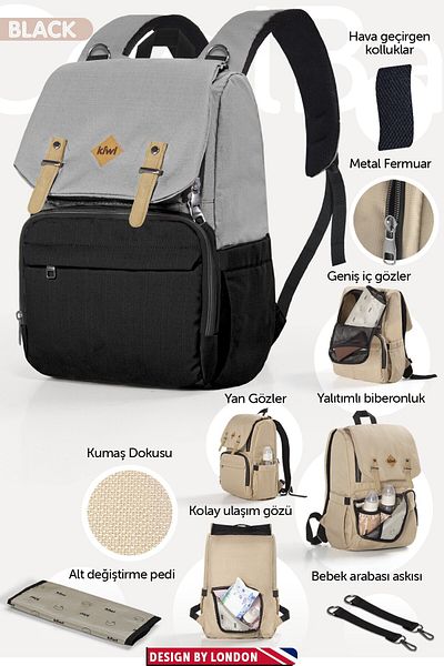 Kiwi حقيبة العناية بالطفل من Coolbag - عين حرارية، مقاومة للماء، مع وسادة - رمادي أسود