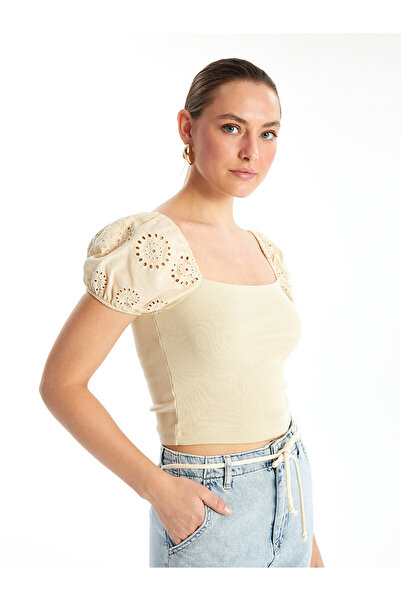 LC Waikiki Kwadratowy dekolt damski crop-top - jednolity krótki rękaw