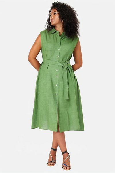 Trendyol Curve Mintgrünes Hemdblusenkleid in Übergröße – mit Gürtel, gewebt TBBSS24AH00204