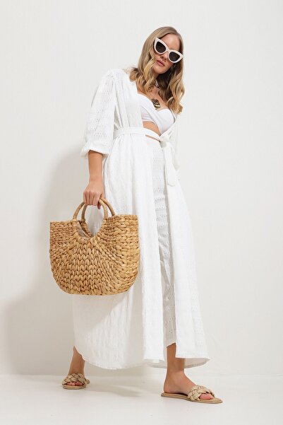 Trend Alaçatı Stili Women's White Self-Textured Openwork Long Pants Kimono Set Alc-X11710