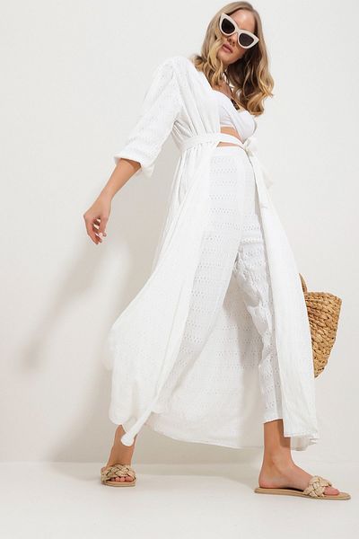 Trend Alaçatı Stili Women's White Self-Textured Openwork Long Pants Kimono Set Alc-X11710