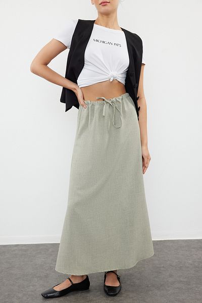 Edit by Trendyol Khaki Linen Look Adjustable Maxi Length Woven Skirt at Waist Tedss24Et00034