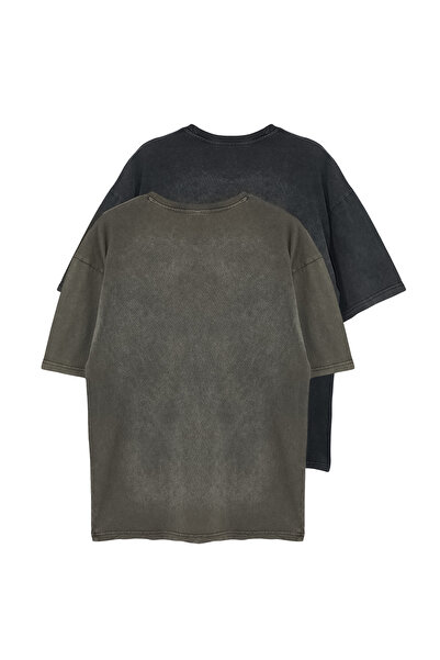 Trendyol Collection 2 csomagos fekete és barna talajszövet póló - Aged/Fad hatású TMNSS24TS00194