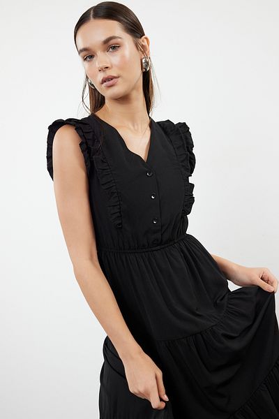 Trendyol Collection Μαύρο φόρεμα Midi Skater - RuFFle Λεπτομέρεια, Υφαντό, TWOSS24EL01073