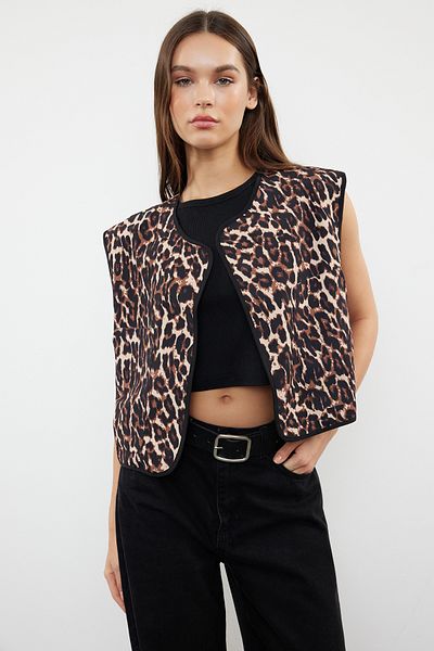 Trendyol Collection Καφέ κανονικό λεοπάρ υφαντό γιλέκο διπλής όψης TWOSS24YE00059