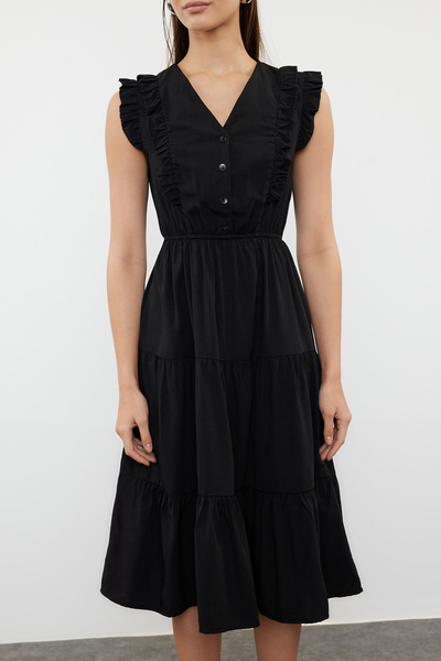 Trendyol Collection Fekete Midi Skater ruha - RuFFle Detail, Szövött, TWOSS24EL01073