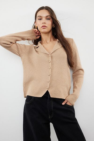 Trendyol Collection Mink Polo Collar Knit Cardigan TWOAW25HI00069