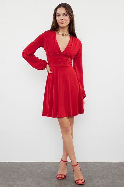 Trendyol Collection Red Straight Skater V-neck Skater/Belt Opening Sandy Midi Dress TWOSS24EL00829
