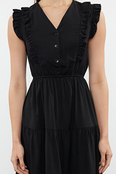 Trendyol Collection Fekete Midi Skater ruha - RuFFle Detail, Szövött, TWOSS24EL01073