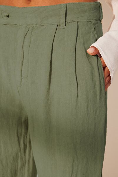 Trendyol Collection Πράσινο 100% λινό πλισέ ψηλόμεσο παντελόνι φαρδύ TWOSS24JE00245