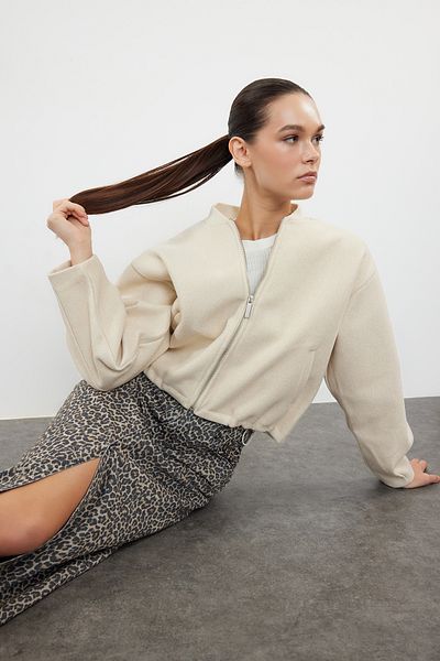 Trendyol Collection Oversize Stmped Bomber Jacket - Stone TWOAW25MO00053