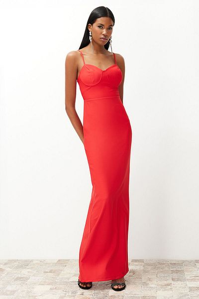 Trendyol Collection Red Fitted Long Evening Dress Tprss24Ae00115