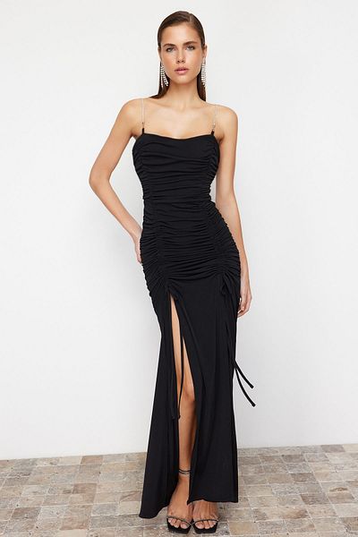 Trendyol Collection Μαύρο ντραπέ πλεκτό μακρύ βραδινό φόρεμα TPRSS24AE00088