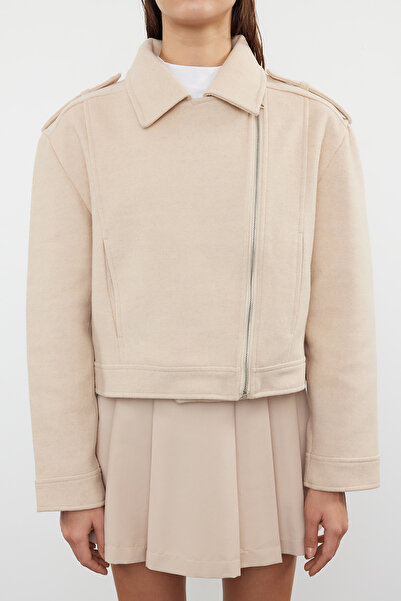 Trendyol Collection Béžová Crop Biker Slim Jacket - TWOAW25MO00128