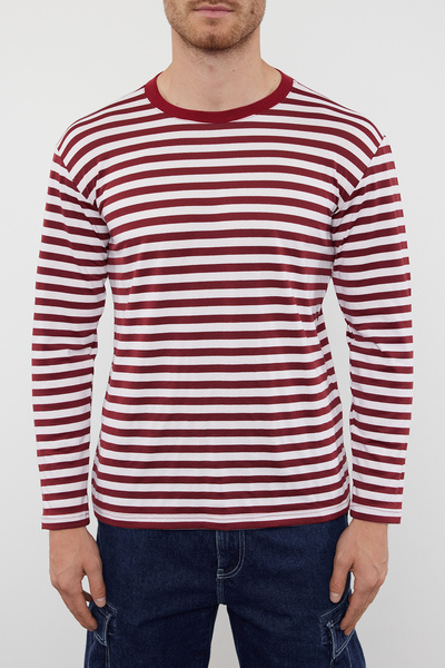 Trendyol Collection Μπλουζάκι Claret Red ριγέ βαμβακερό oversize - Crew Neck, μακρυμάνικο - TMNAW25TS00007