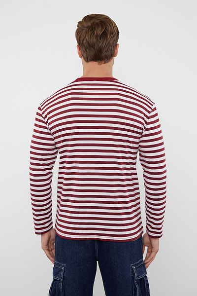 Trendyol Collection Μπλουζάκι Claret Red ριγέ βαμβακερό oversize - Crew Neck, μακρυμάνικο - TMNAW25TS00007