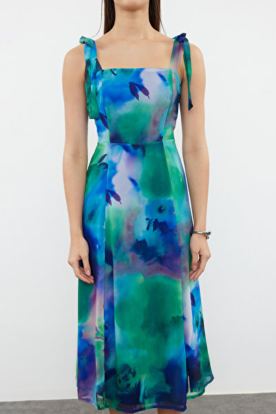 Trendyol Collection Rochie A-line albastră cu fantă florală - Detaliu Gipe șifon căptușit Midi TWOSS24EL00699