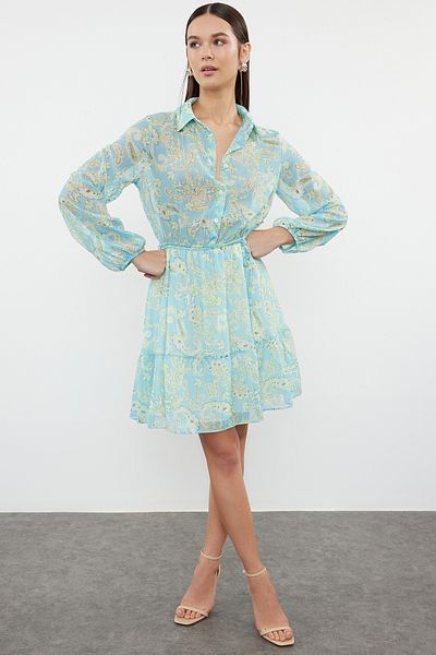Trendyol Collection Μίνι πράσινο σιφόν φόρεμα με γιακά πουκαμίσου σε γραμμή Α - μοτίβο σάλι, με επένδυση TWOSS24EL00986