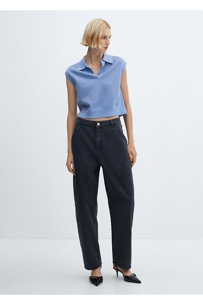 MANGO Woman Bluză cu guler polo din tricot ajurat