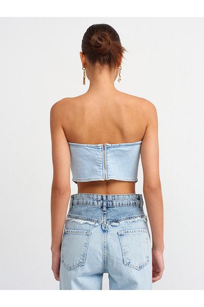 Dilvin 50715 Bustieră din denim cu ochi de pasăre-albastru
