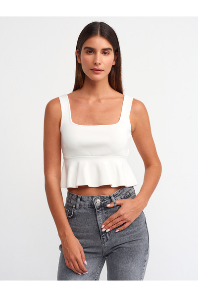 Dilvin 10522 Tricotaj cu volan cu guler pătrat Top-Ecru