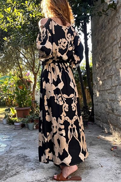 Güneşkızı Black Long Dress - Elastic Waist, Belt and Shoulder Low Cut BST-3628Black