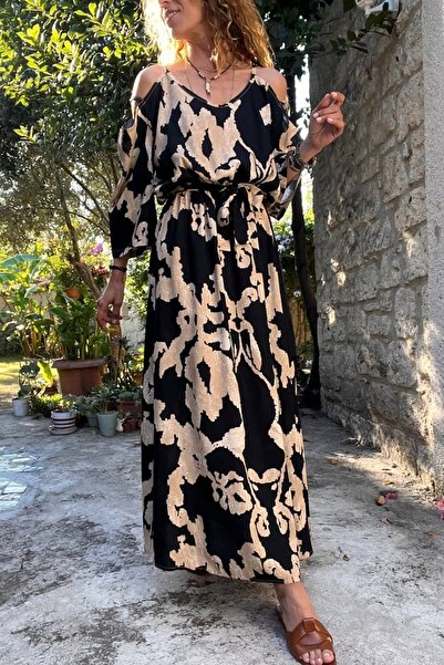 Güneşkızı Black Long Dress - Elastic Waist, Belt and Shoulder Low Cut BST-3628Black