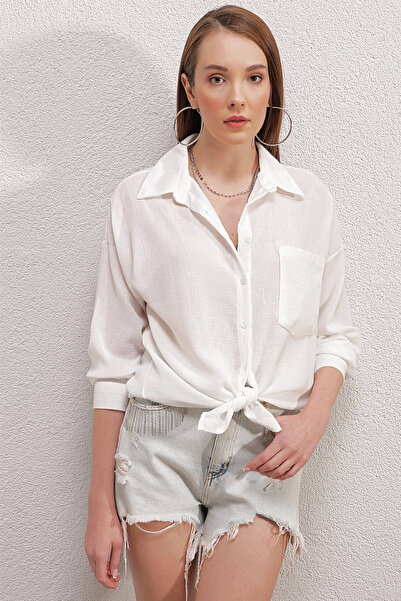 Z GİYİM Women's White Oversize Shirt with Low Shoulder Pocket