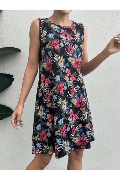 JANES Rochie de damă, cu imprimeu cu flori colorate, stea de mare