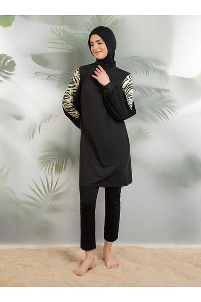 Mayo Bella Lycra Full Covered Swimsuit with Design Sleeve Detail - Black - Swimsuit Bella