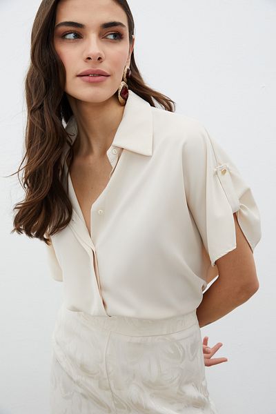 Sateen Casual Shirt with Sleeve Detail - Beige