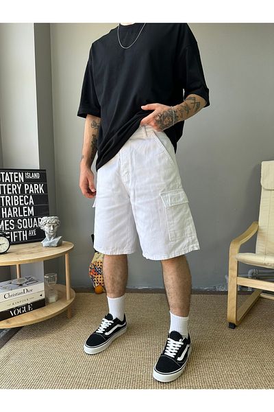 No362 White Baggy Cargo Shorts - Cargo Pocket