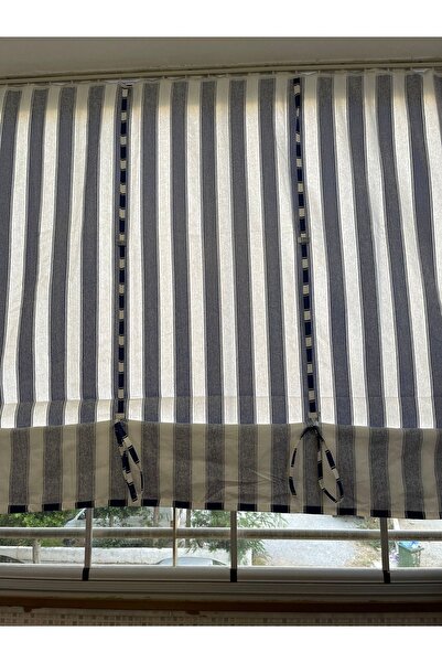 Görgülü Shop Iple Çekişli Yüksekliği Ayarlanabilir Mavi Beyaz Çizgili Balkon Perdesi Kalın Kumaş