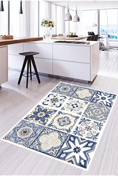 blcmoda Bodrum Mavisi Çini Desen Modern Yıkanabilir Kaymaz Taban Mutfak Halısı