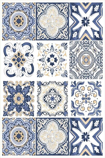 blcmoda Bodrum Mavisi Çini Desen Modern Yıkanabilir Kaymaz Taban Mutfak Halısı