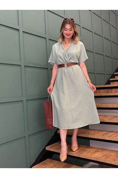 dörtelle Rochie de vară cu guler dublu din țesătură de in - Detaliată cu centură