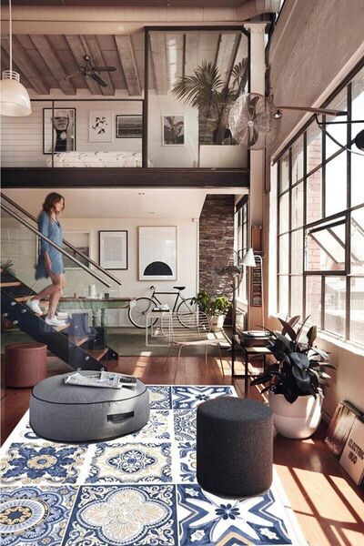 blcmoda Bodrum Mavisi Çini Desen Modern Yıkanabilir Kaymaz Taban Mutfak Halısı