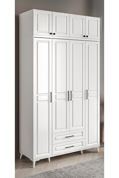 GuneyStore Ücretsiz Montaj Gözde 4 Kapaklı Yüklüklü Komple Mdf Beyaz Gardırop