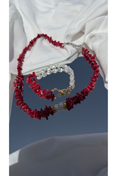 Jerberaa takı Gercek inci Mercan kolye & inci -mercan bileklik set