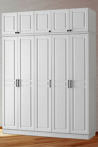 GuneyStore Ücretsiz Montaj Sport Komple Mdf 5 Kapaklı Yüklüklü Beyaz Gardırop
