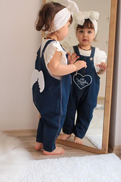 Tiny World Ekru Kısa Kol Detaylı Melek Kanatlı Angel Kız Bebek Kot Salopet